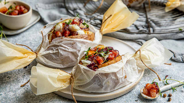 Bakt potet med torsk og bacon