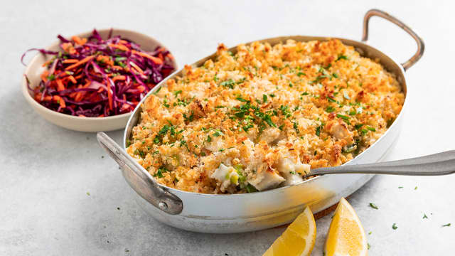 Fiskepudding-grateng med råkost