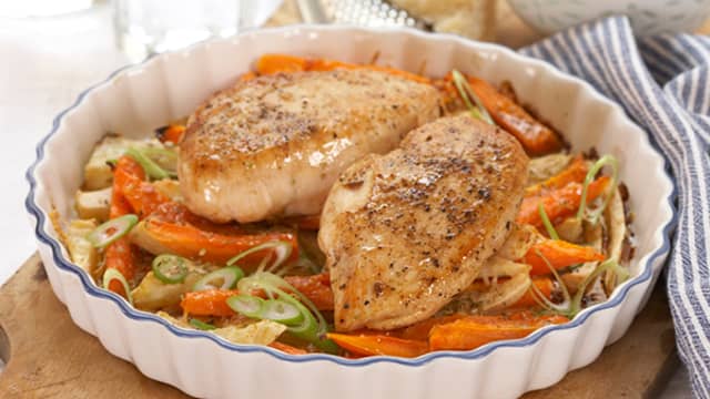 Kyllingfilet med gratinerte rotgrønnsaker