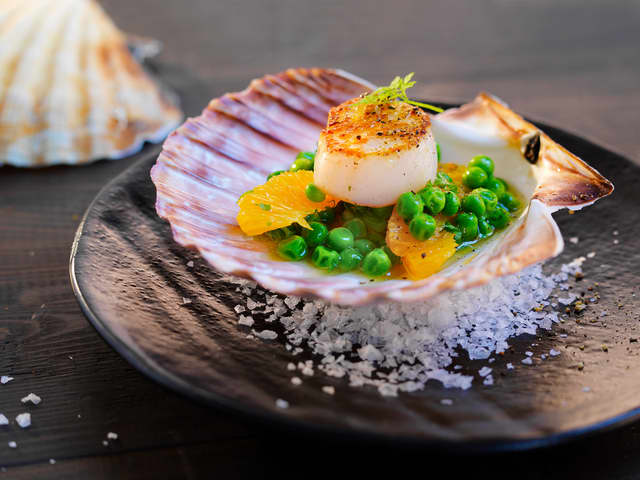 Pannestekte kamskjell med erter og appelsin