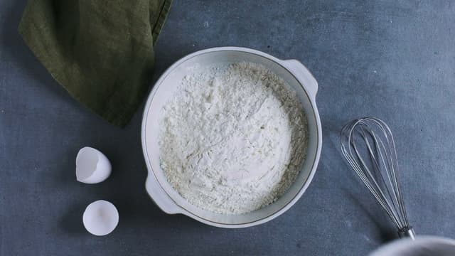 Bland sammen mel og bakepulver og ha det i røren. Rør raskt sammen til en deig.