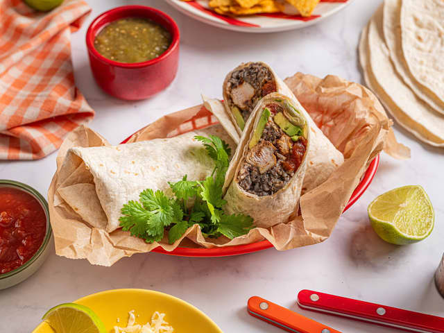 Burrito med kylling, bønner og ris