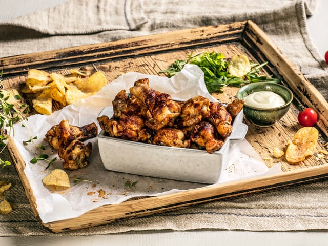 Server buffalo wings med aioli, grønn salat og potetchips.