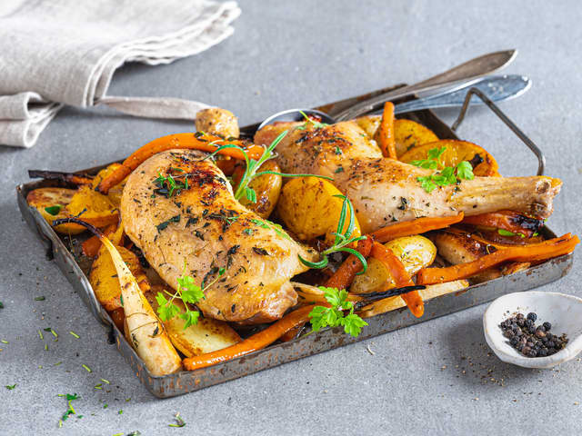 Ovnsbakt kylling med rotgrønnsaker og appelsin