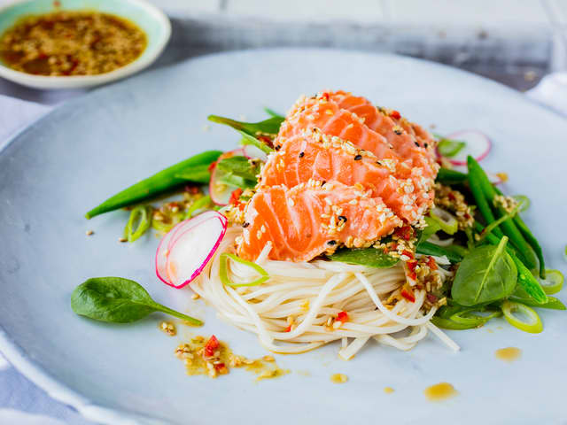 Rør sammen alle ingrediensene til dressingen.
