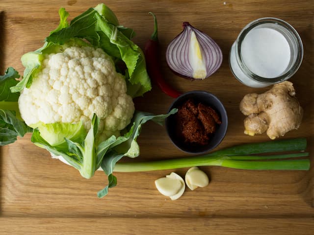 **Curry:** Finnhakk løk, hvitløk og chili. Skrap skallet av ingefæren med en teskje. og finhakk eller riv fint.