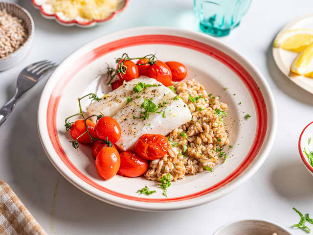 Ovnsbakt torskeloin med speltperler