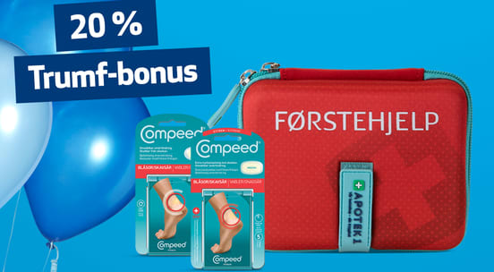 Førstehjelpsskrin og gnagsårplaster på blå bakgrunn med teksten "20 % Trumf-bonus"
