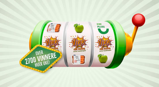 Illustrasjon av gammeldags spillemaskin som lander på KIWI PLUSS sunnhetslotteri.