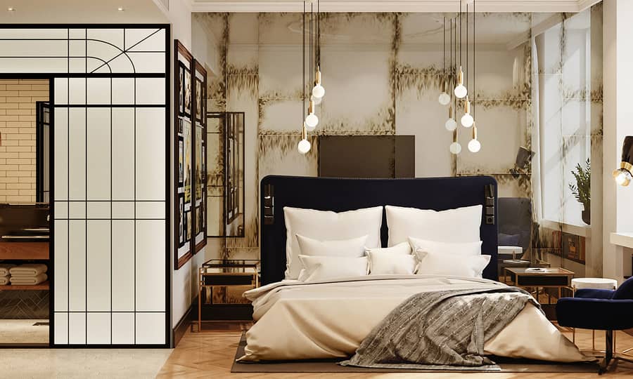 Hotellrom med morderne design, stor seng og stol