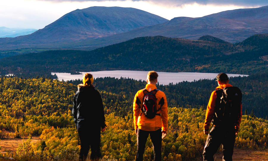 Nydelig norsk natur med vennegjeng som speider ut over landskapet