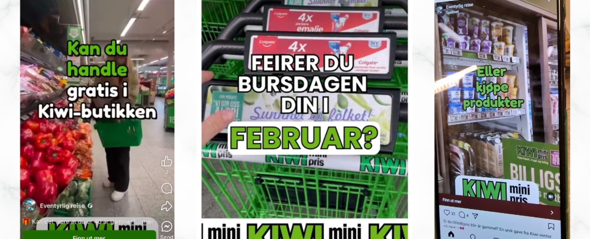 Eksempler på svindelforsøk i sosiale medier og digitale kanaler ved å bruke KIWIs logo og merkevare.