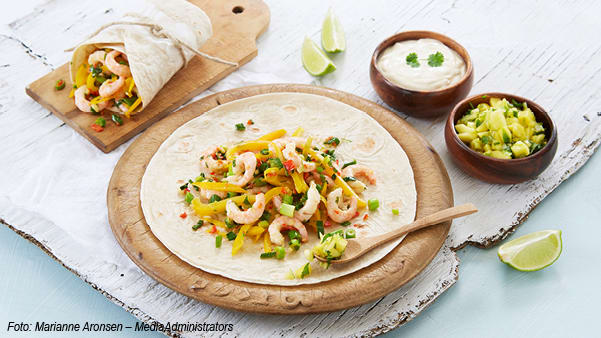 Fajitas med reker og mangosalsa Fajitas med reker og mangosalsa
