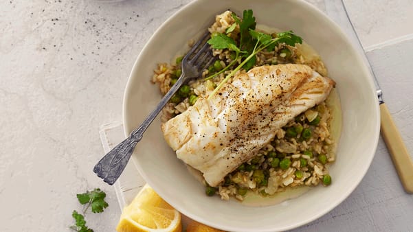 Torskefilet med risotto, fennikel og erter Torskefilet med risotto, fennikel og erter