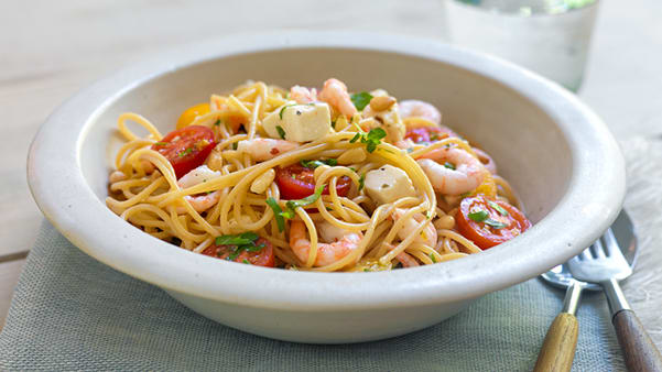 Spaghetti med reker og fetaost Spaghetti med reker og fetaost