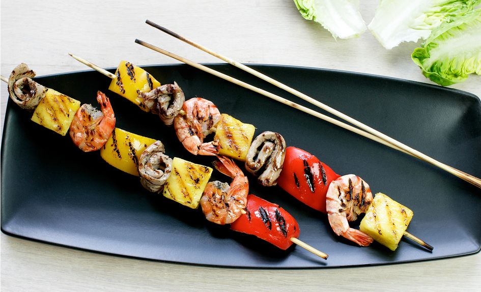 Svinefilet og scampi grillspyd Svinefilet og scampi grillspyd