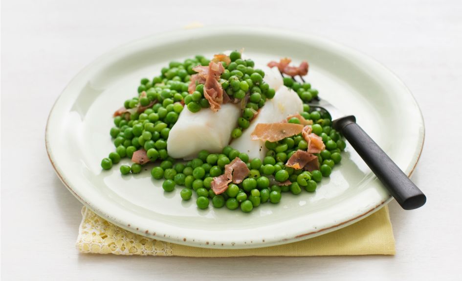 Lettsaltet torsk med erter og serranoskinke Lettsaltet torsk med erter og serranoskinke