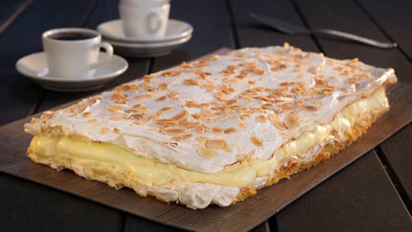 Arctic mille-feuille (Kvæfjordkake) with custard cream and almond meringue  - Nordic Diner