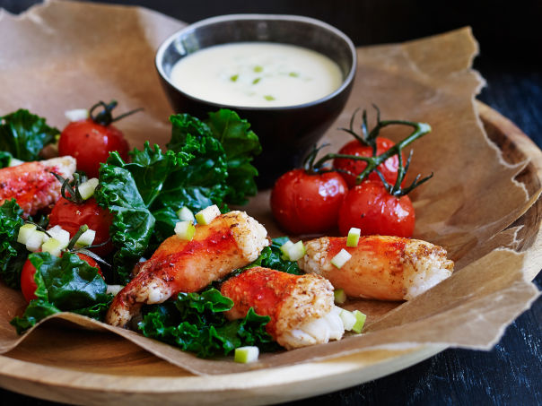Stekt kongekrabbe med eplesmørsaus Stekt kongekrabbe med eplesmørsaus