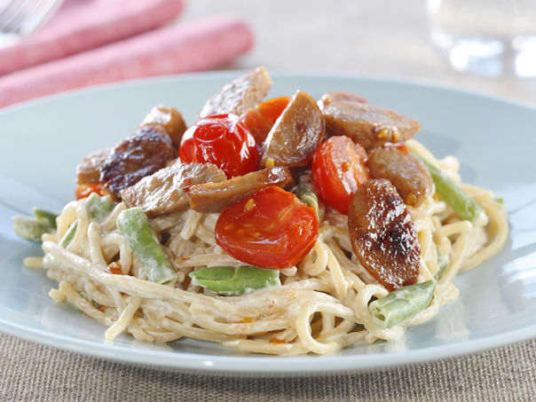 Medisterpølse med kremet spagetti Medisterpølse med kremet spagetti