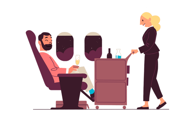 Illustrasjon av mann som sitter på et fly og blir servert av en flyvertinne med tralle