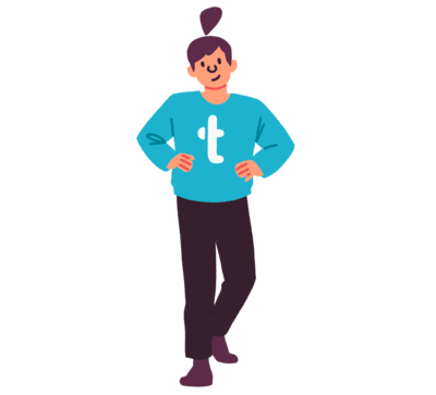 Illustrasjon av tenåringsjente som står henslengt med en blå genser med Trumf-logo på