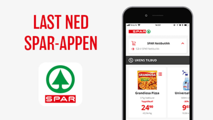 Telefon med bilde av en SPAR-kupong med SPAR-logo på venstre side