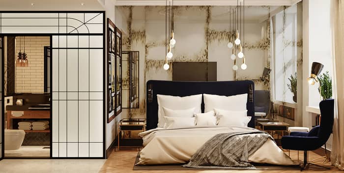 Hotellrom med morderne design, stor seng og stol
