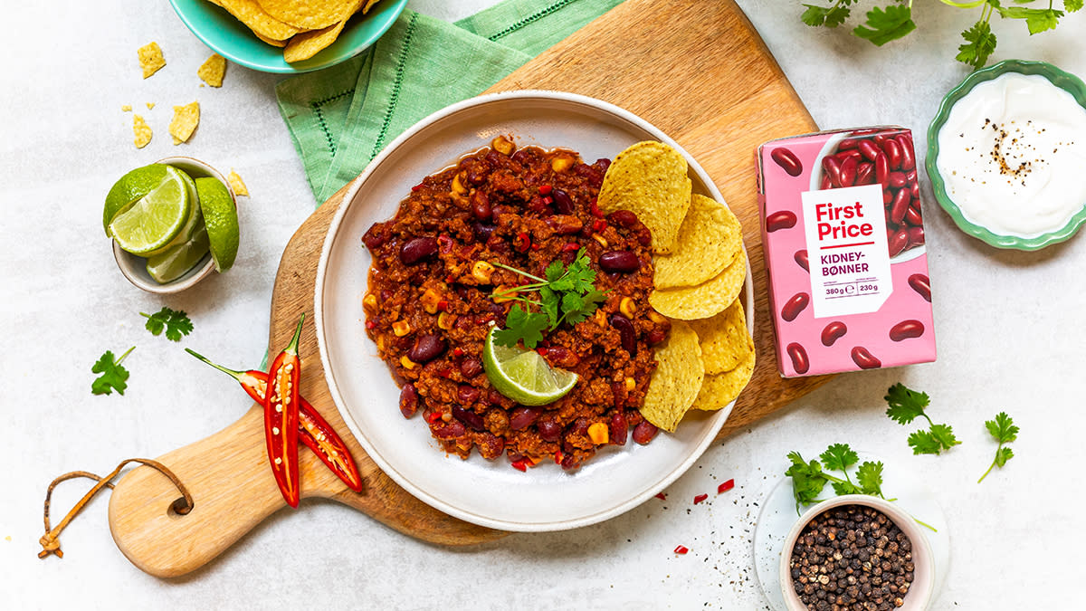 Chili con carne med nachos og First Price kidneybønner