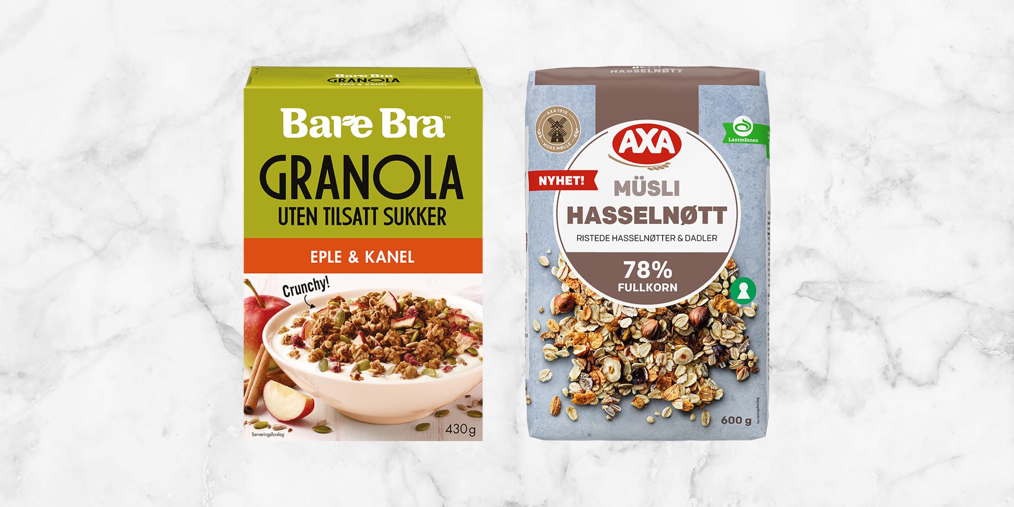 Bare Bra granola med eple og kanel og Axa Müsli hasselnøtt