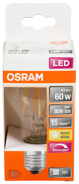 Lyspære Led Cl A 60 Klar Dim E27 Osram