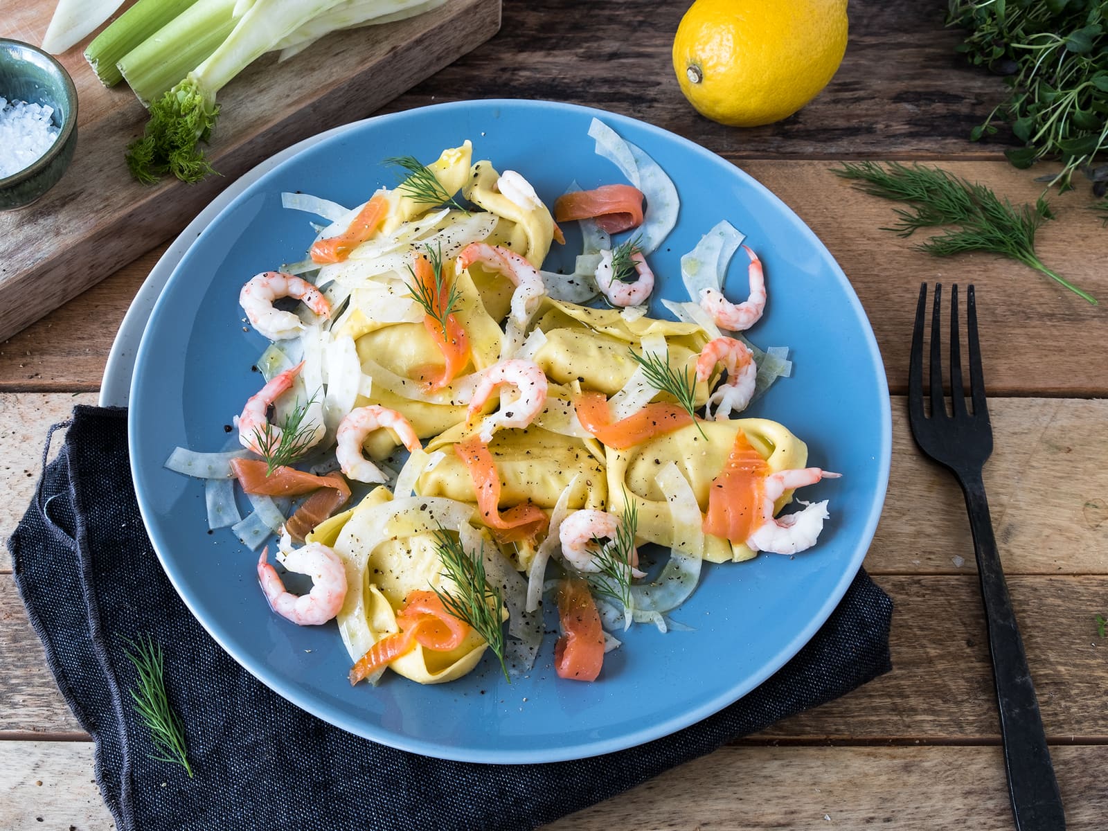 Fylt pasta med reker og røkelaks