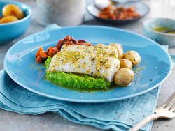 Marinert torskefilet med ertepuré og ratatouille