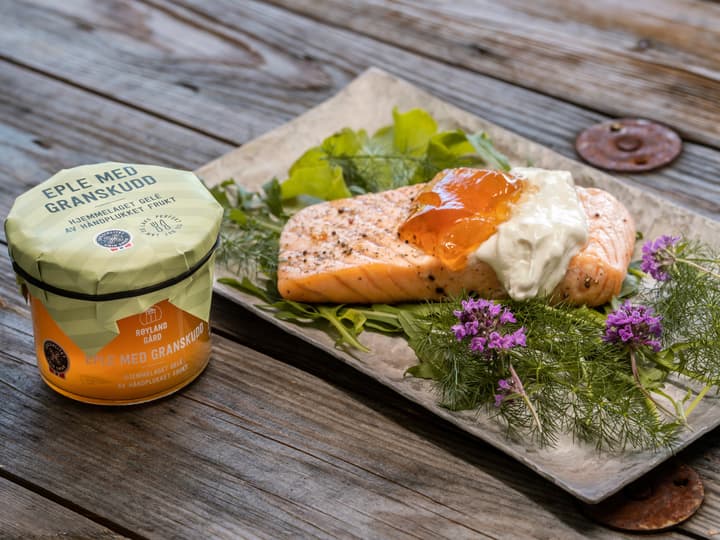 Laks med syrlig seterrømme og frisk eplegele med granskudd