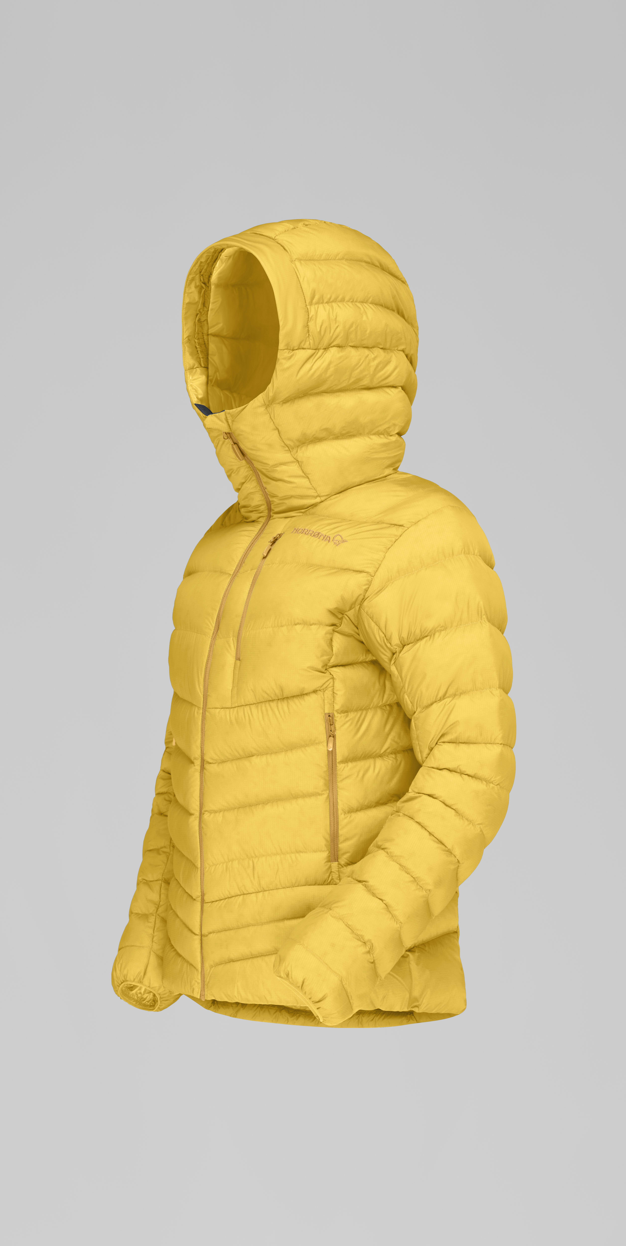 Packshot front left image of lyngen down850 Zip Hood Misted Yellow