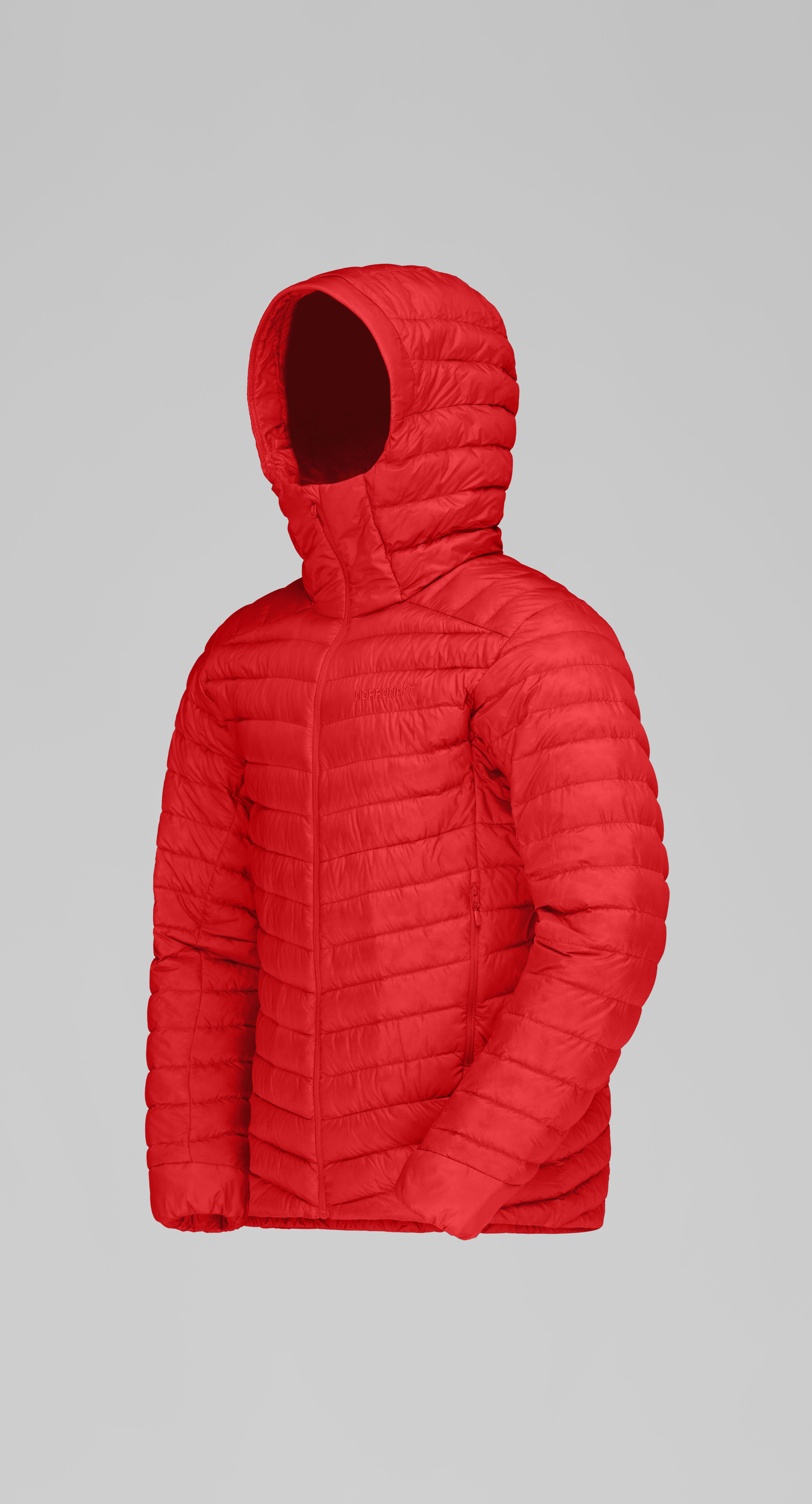 Packshot front left image of trollveggen down850 light Zip Hood Fiery Red