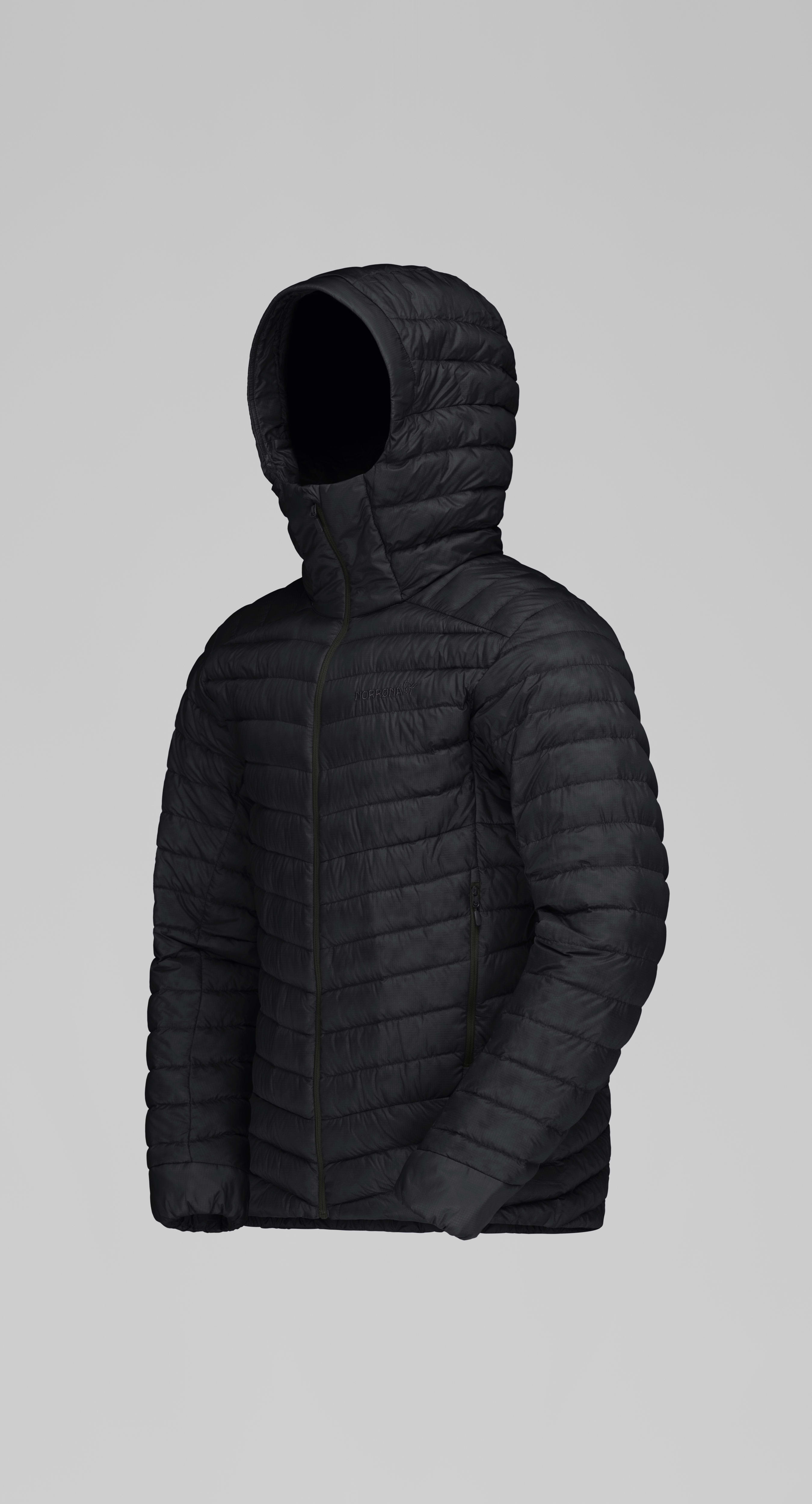 Packshot front left image of trollveggen down850 light Zip Hood Caviar Black