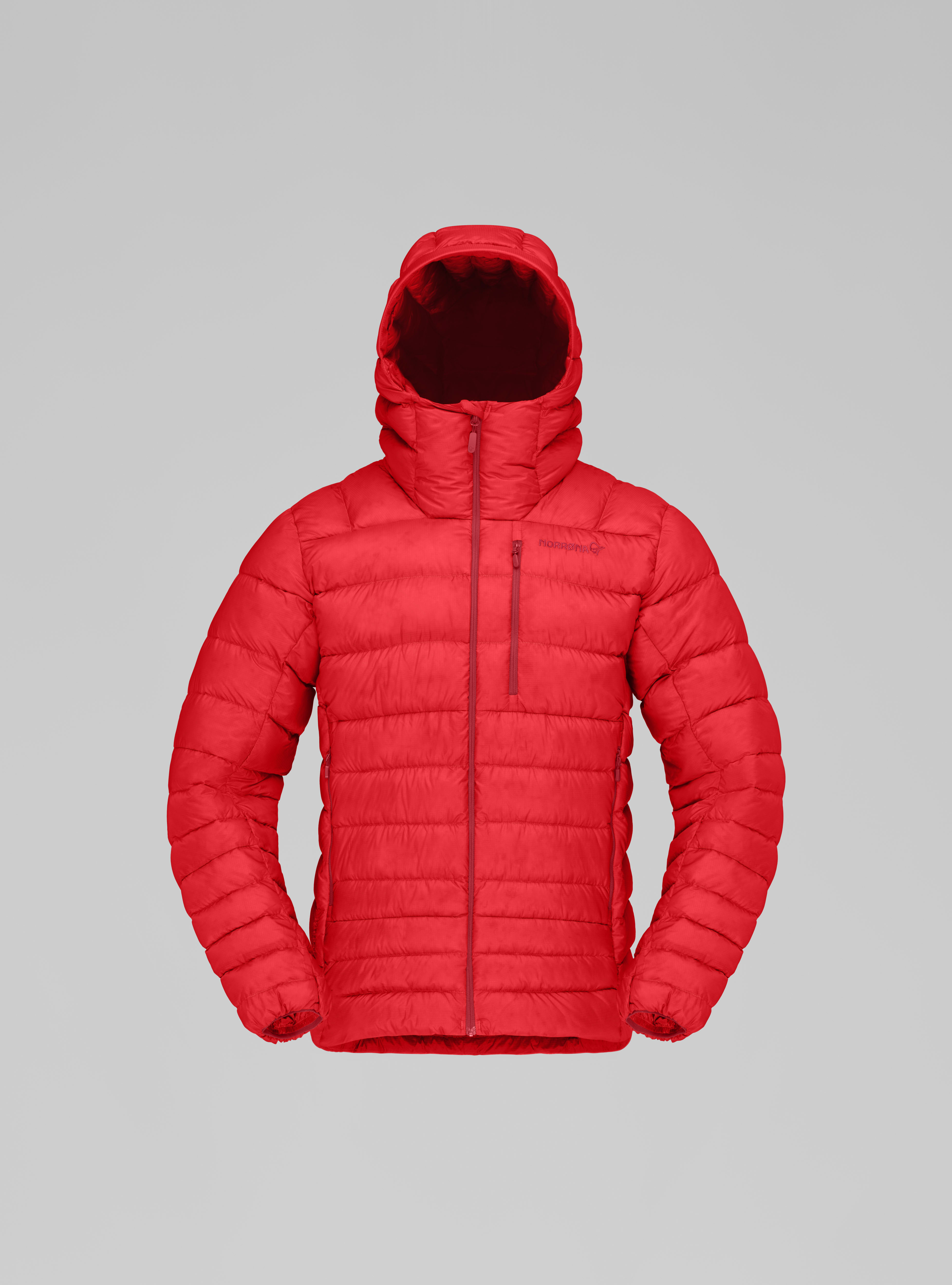 Packshot front image of lyngen down850 Zip Hood Fiery Red