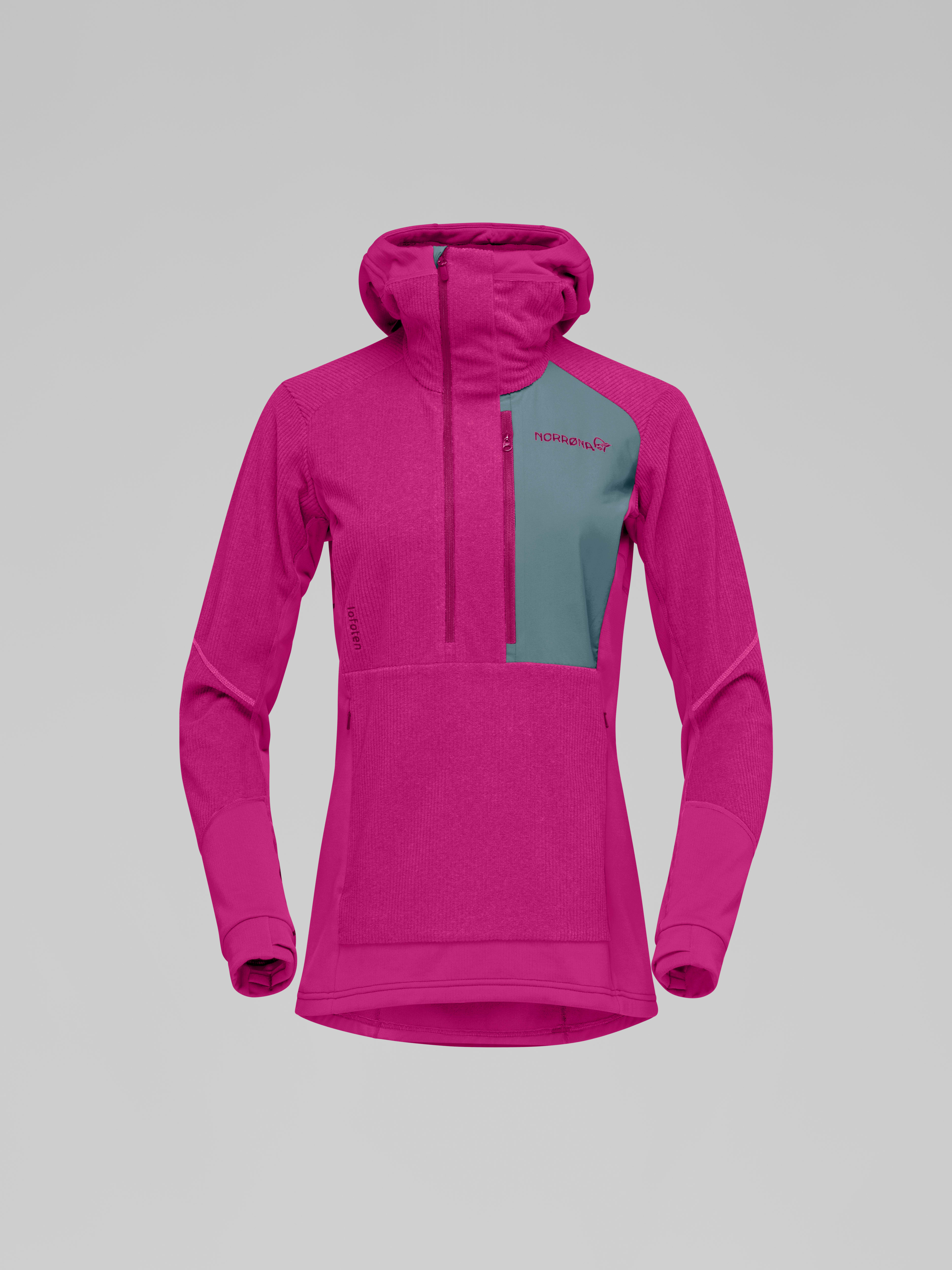 Packshot front image of lofoten Thermal Pro Hood Festival Fuchsia