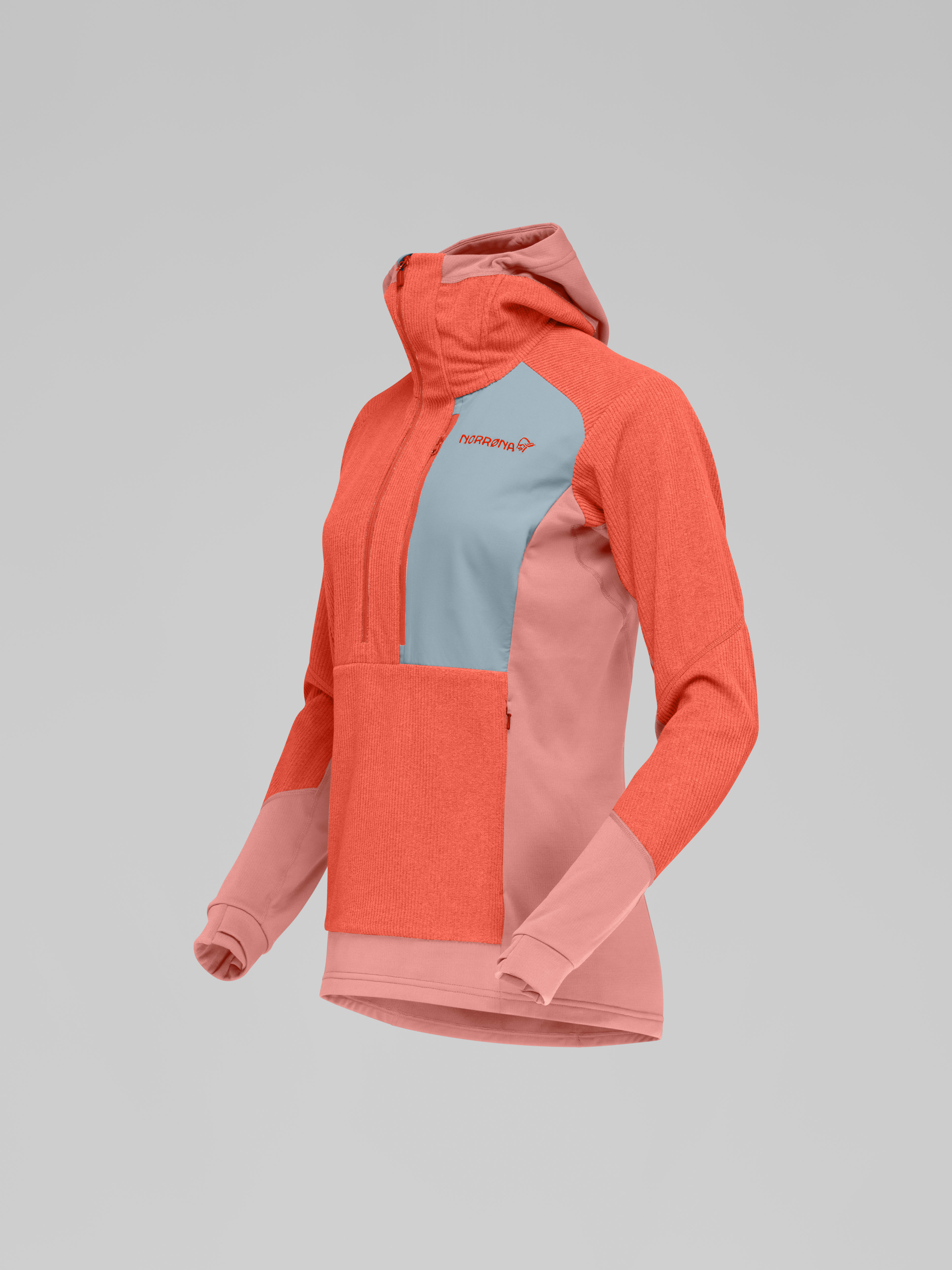 Packshot front left image of lofoten Thermal Pro Hood Orange Alert/Peach Amber