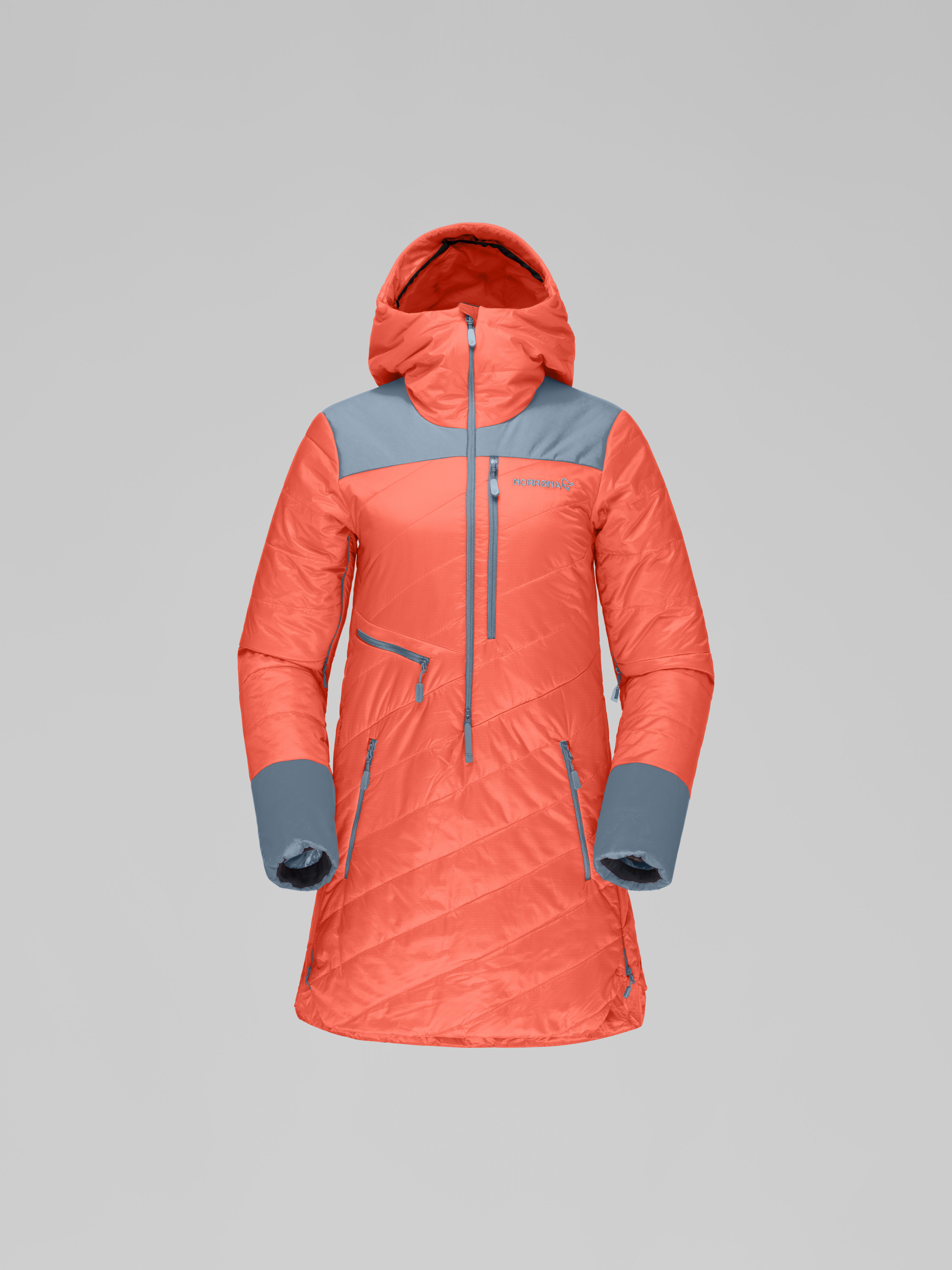 Packshot front image of lofoten Primaloft80 Anorak Orange Alert/Blue Fog