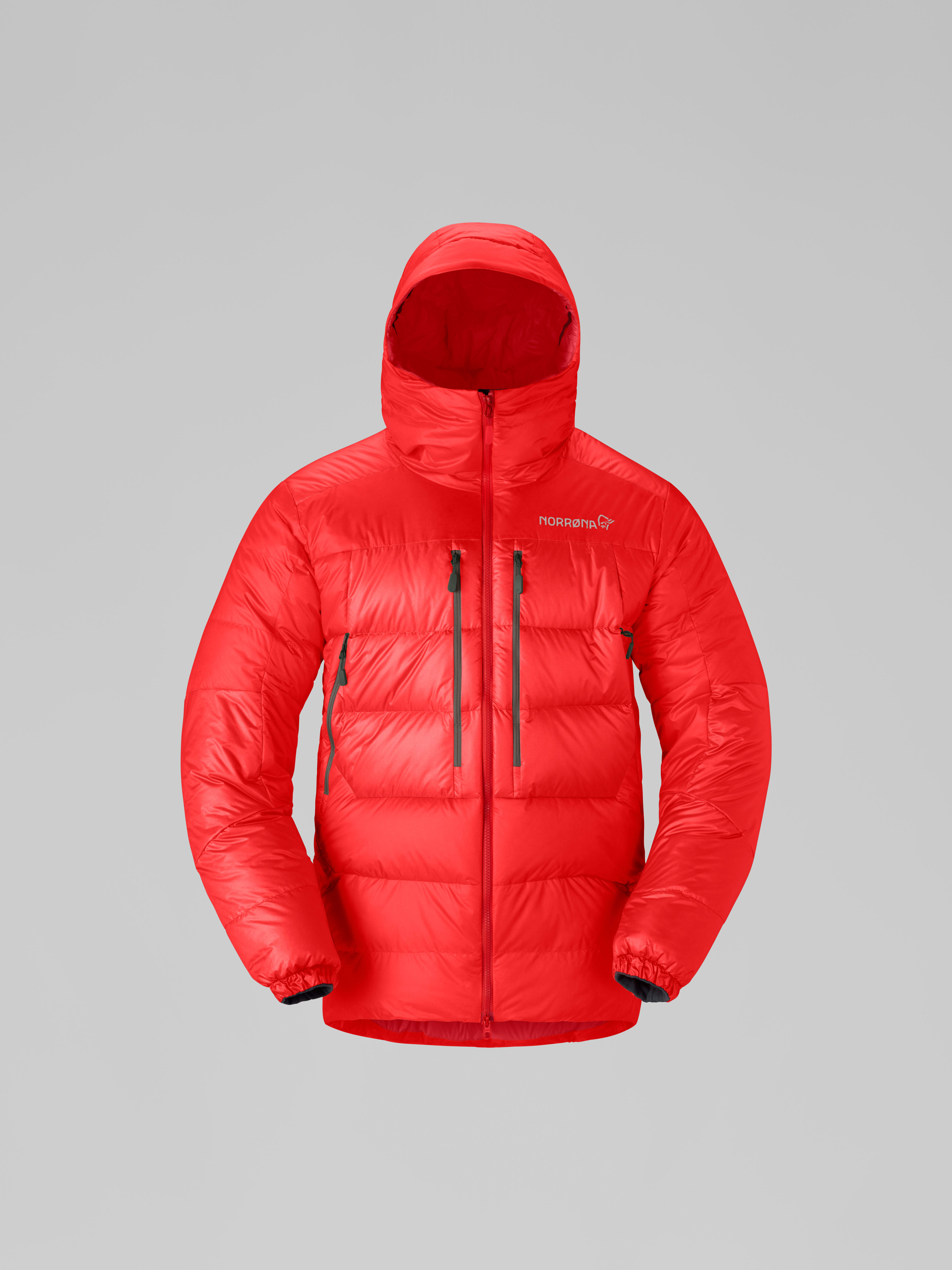 Packshot front image of trollveggen down800 Hood Flame Scarlet