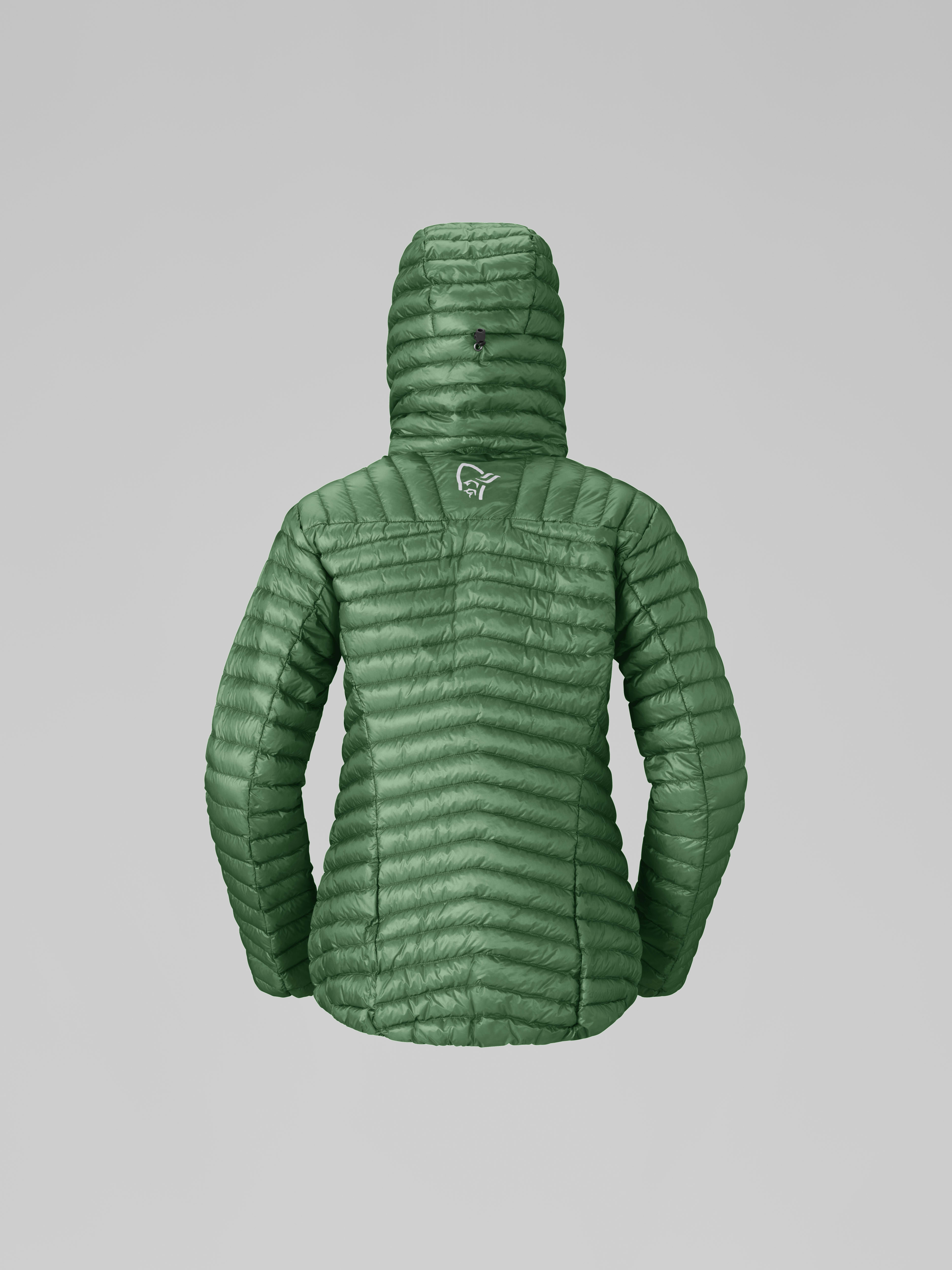 Packshot back image of trollveggen down800 super light Hood Dark Ivy