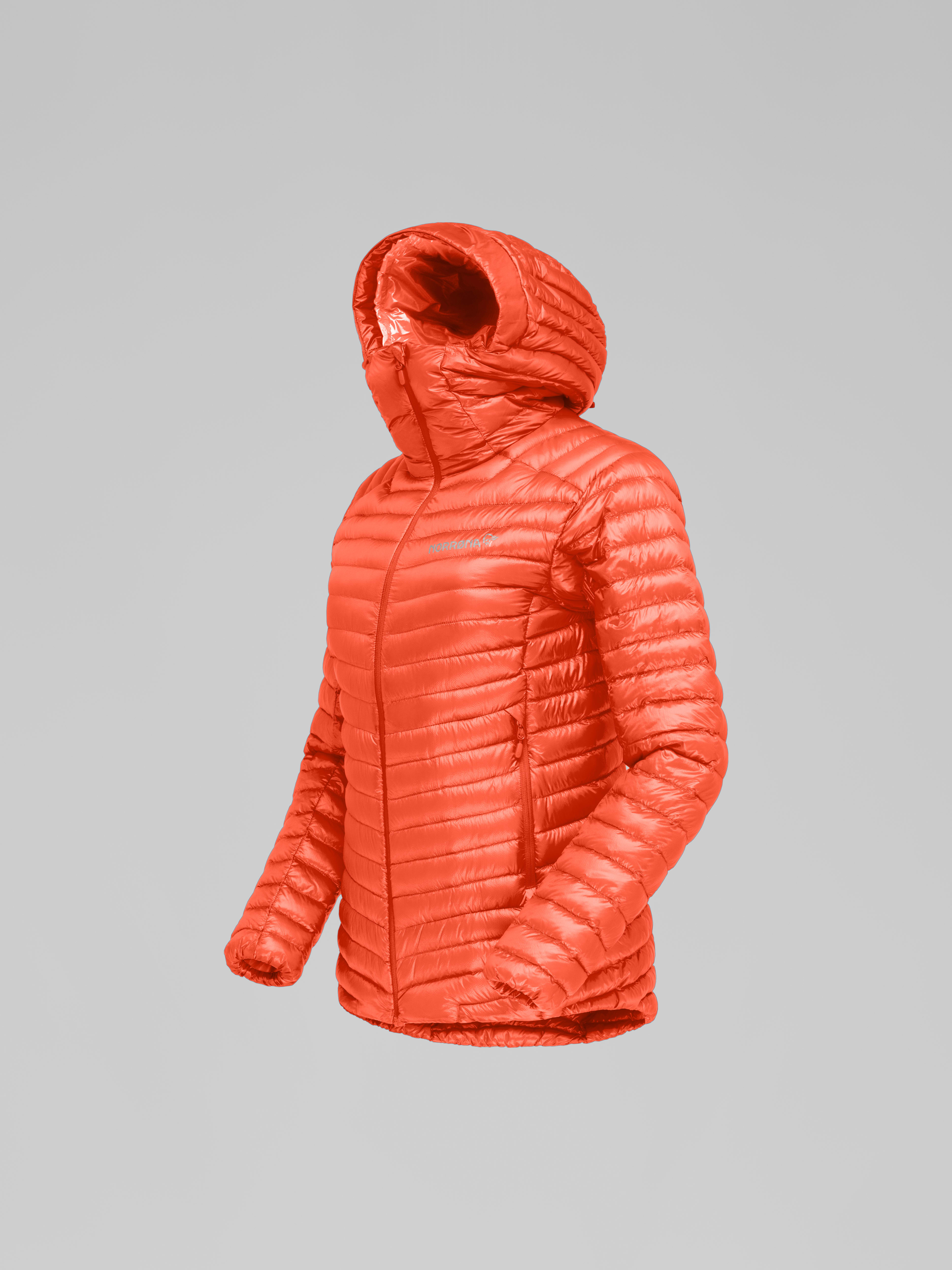 Packshot front left image of trollveggen superlight down850 Hood Orange Alert