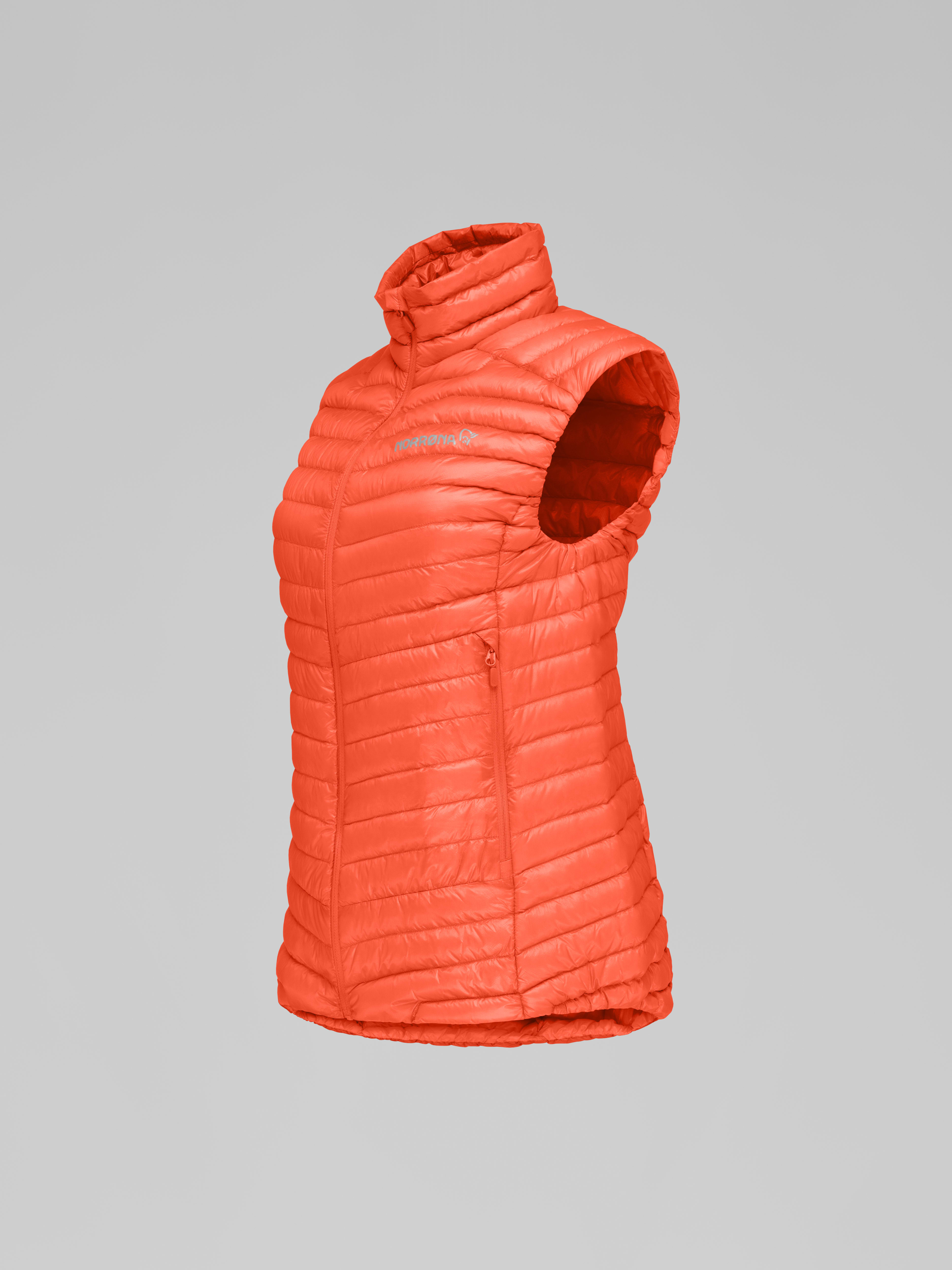 Packshot front left image of trollveggen superlight down850 Vest Orange Alert