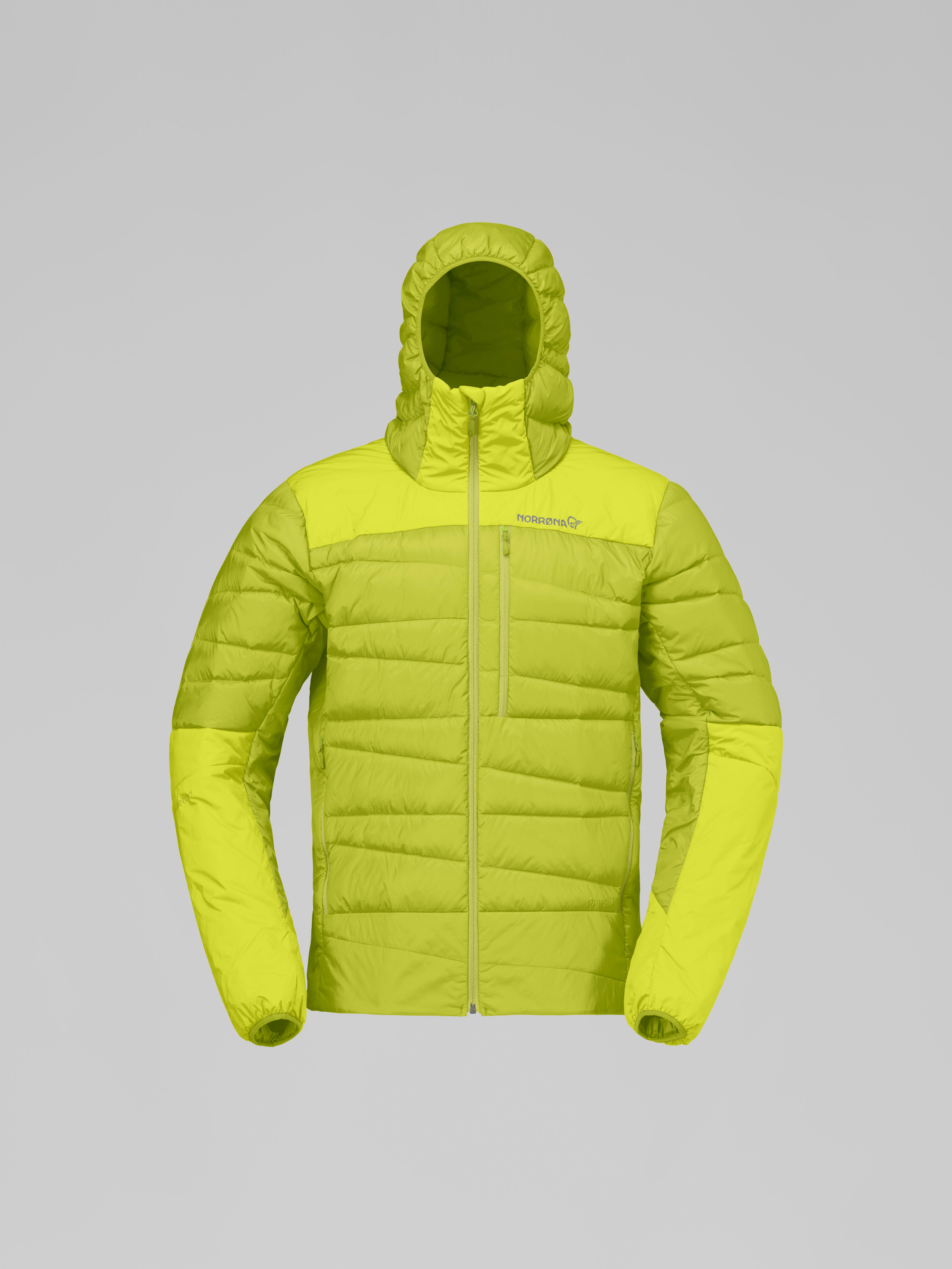 Packshot front image of falketind down750 Zip Hood Dark Citron/Tender Shoots