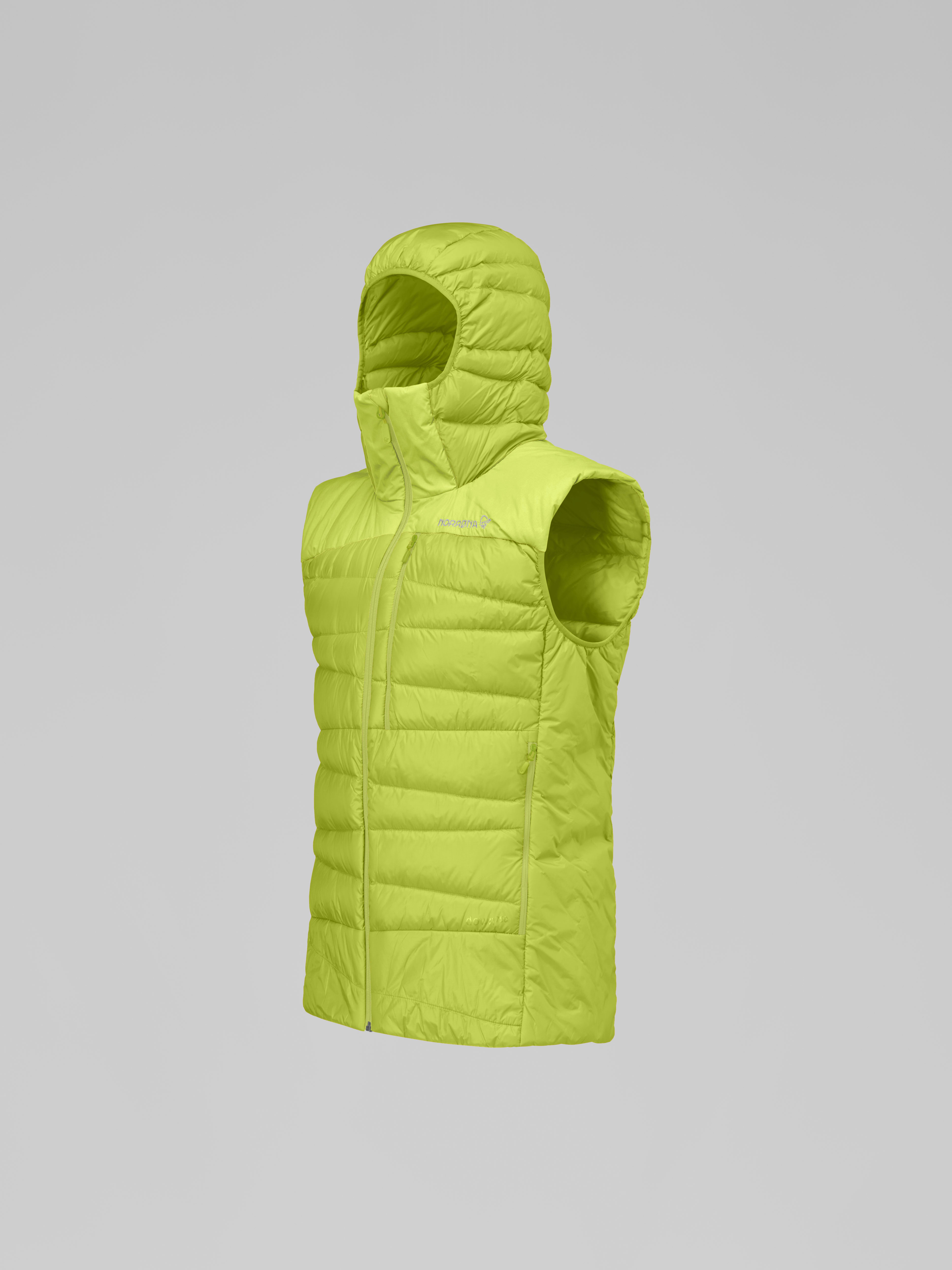 Packshot front left image of falketind down750 Vest Dark Citron/Tender Shoots
