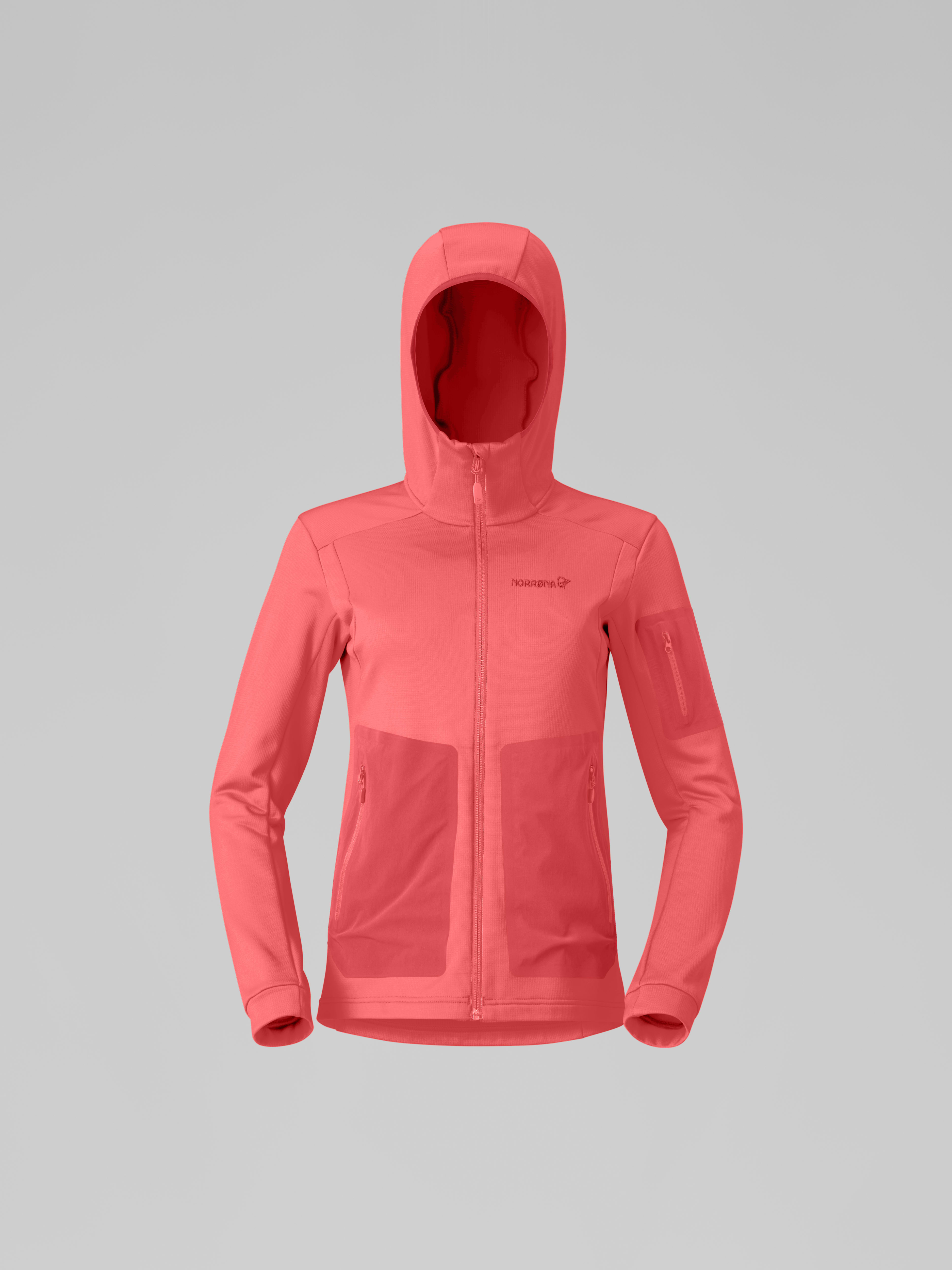 Packshot front image of falketind warm2 stretch Hood Deep Sea Coral/Baked Apple