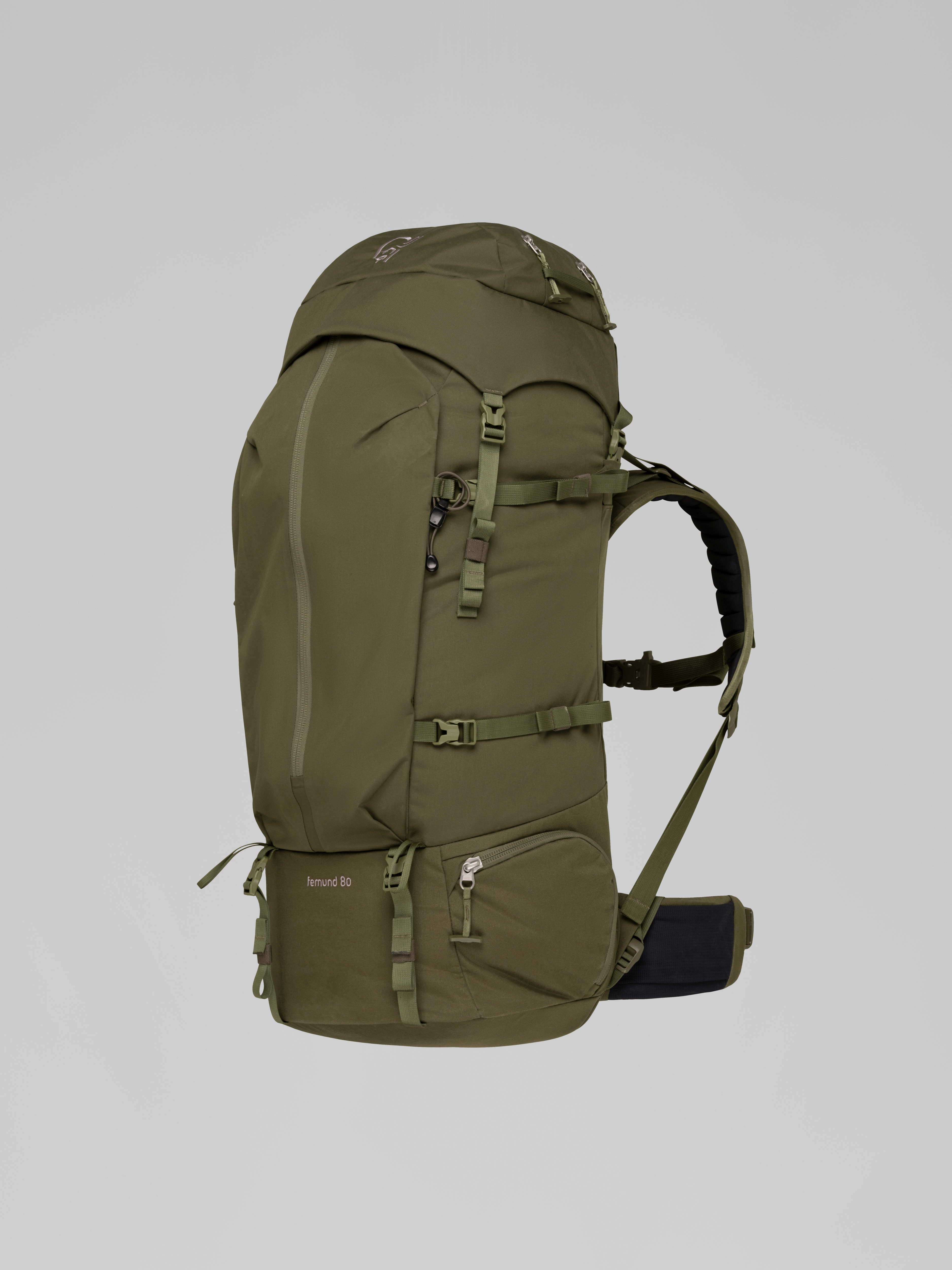 Packshot front left image of femund synkron4 80L Pack Olive Night