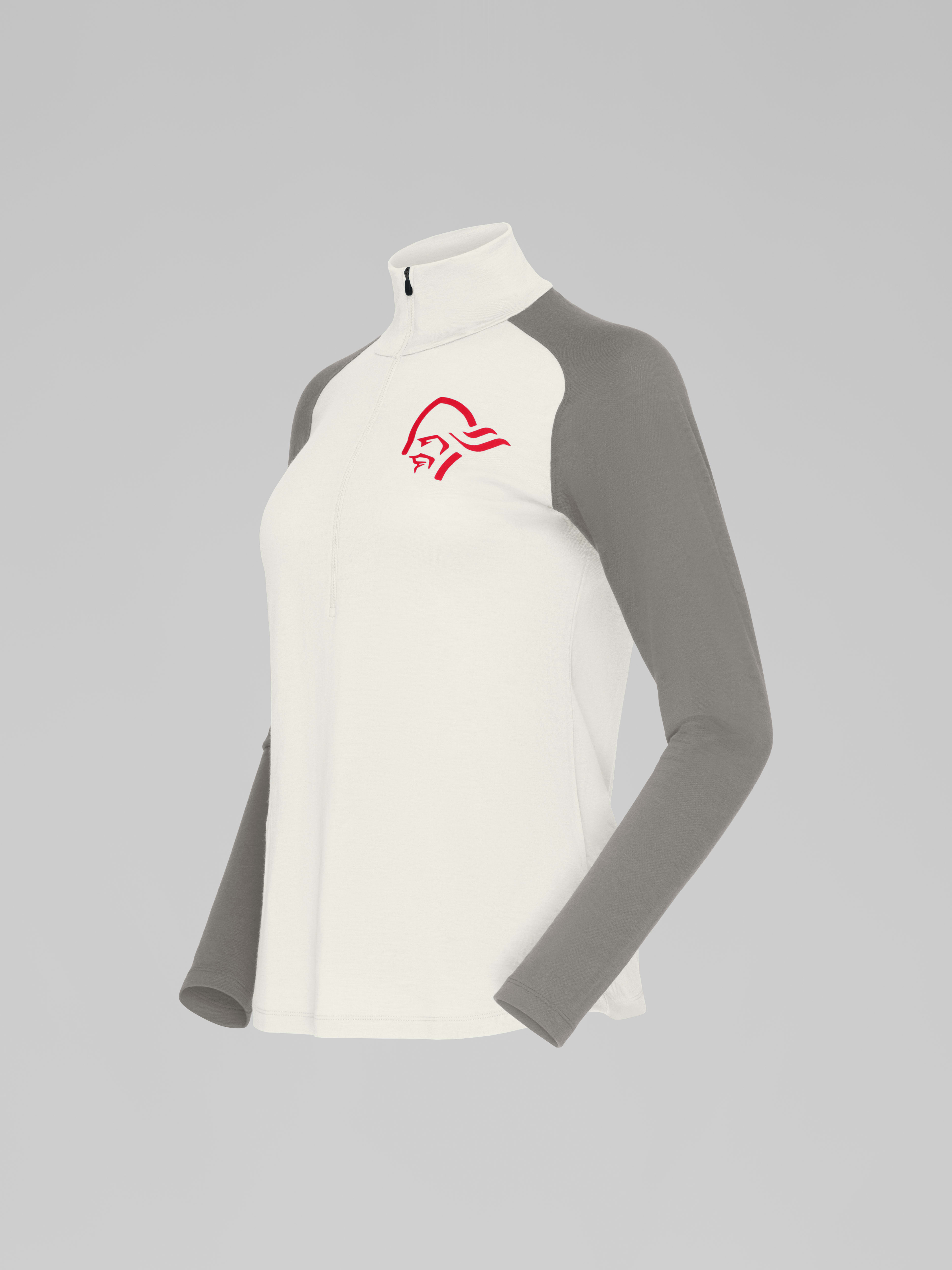 Packshot front left image of norrona pureUll Zip Neck Snowdrop/Castor Grey